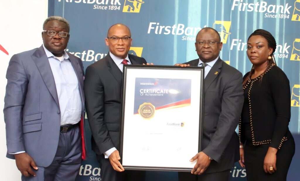 L-R:  Dr. Remi Oni, Executive Director, Corporate Banking (FirstBank); Mitchell Elegbe, Group Managing Director/CEO, Interswitch; Dr. Adesola Adeduntan, Managing Director/CEO, FirstBank (Nigeria) and Cherry Eromosele, Chief Marketing Officer, Interswitch Group, during the official recognition of FirstBank 100 million transactions milestone by Interswitch at FirstBank Headquarters in Lagos.