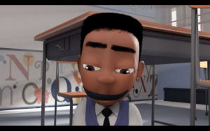 A boy tied up in classroom in a scene from an animation film