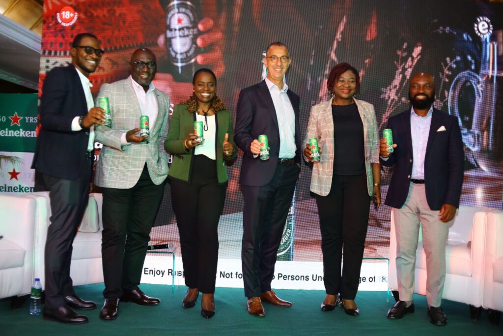 L-R: Azuka Ijenebe Brand Mgr Heineken; Ayodele Lawal, Sales Director, Nigerian Breweries PLC; Sade Morgan, Corporate Affairs Director, Nigerian Breweries PLC; Hans Esaadi, Managing Director/CEO, Nigerian Breweries PLC; Philomena Aneke, Digital and Technology Director, Nigerian Breweries PLC and Sampson Oloche, Head, Premium, Sessionable Portfolio, Nigerian Breweries PLC as Heineken announced plans to celebrate its 150 year anniversary in Lagos, Nigeria.
