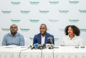 L-R Sales Manager, Amani Kimaro; Country Manager, Tanzania, Obabiyi Fagade; Trade Marketing Manager, Lilian Paschal at the media briefing in Dar es Salaam, Tanzania.