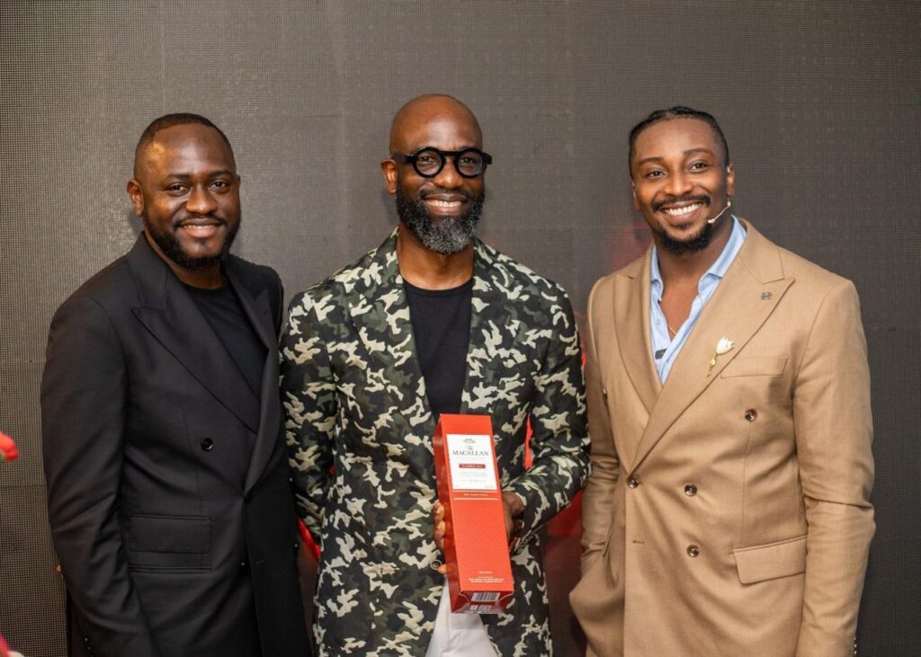 L-R: Brand Manager, Edrington Portfolio, Nigeria, Hammed Adebiyi; Creative Director, ATAFO, Mai Atafo and The Macallan Brand Educator and Ambassador, Lagos, Daniel Atteh during the unveiling of The Macallan Classic Cut 2023 Edition at the ATAFO Studio, Lekki, Lagos, on Sunday, May 12, 2024.