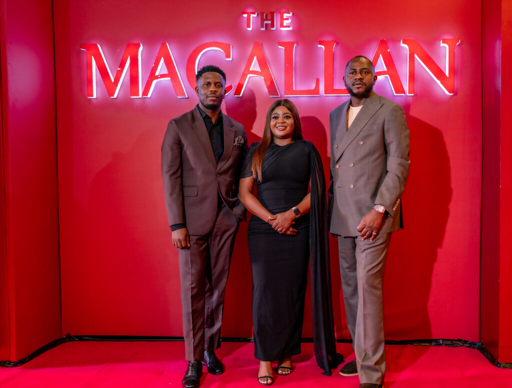 The Macallan Brand Educator and Ambassador, Abuja, Yinka Adepetu; Brand Manager, Edrington Portfolio, Nigeria, Idorenyin Emmanson; and Senior Brand Manager, Nigeria and West and Central Africa, Edrington, Hammed Adebiyi, at The Macallan Timeless Collection Launch, Abuja, on April 24, 2026.