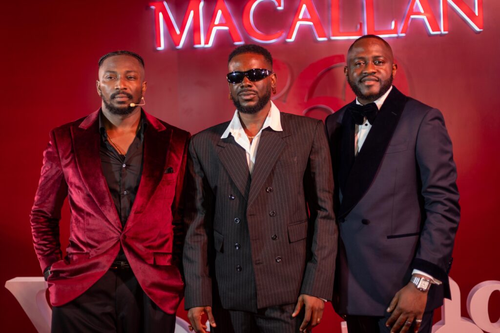 The Macallan Brand Ambassador, Daniel Atteh; Nigerian singer and songwriter Adekunle Gold; and Senior Brand Manager, West and Central Africa, at Edrington, Hammed Adebiyi, at The Macallan Timeless Collection Launch at The Anthonia by Civic Centre, Victoria Island, Lagos, on April 17, 2026.